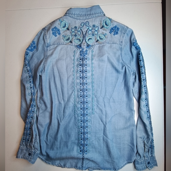 Driftwood Sundance Blue Embroidered Boho Chic Denim Shirt XS - Picture 9 of 14